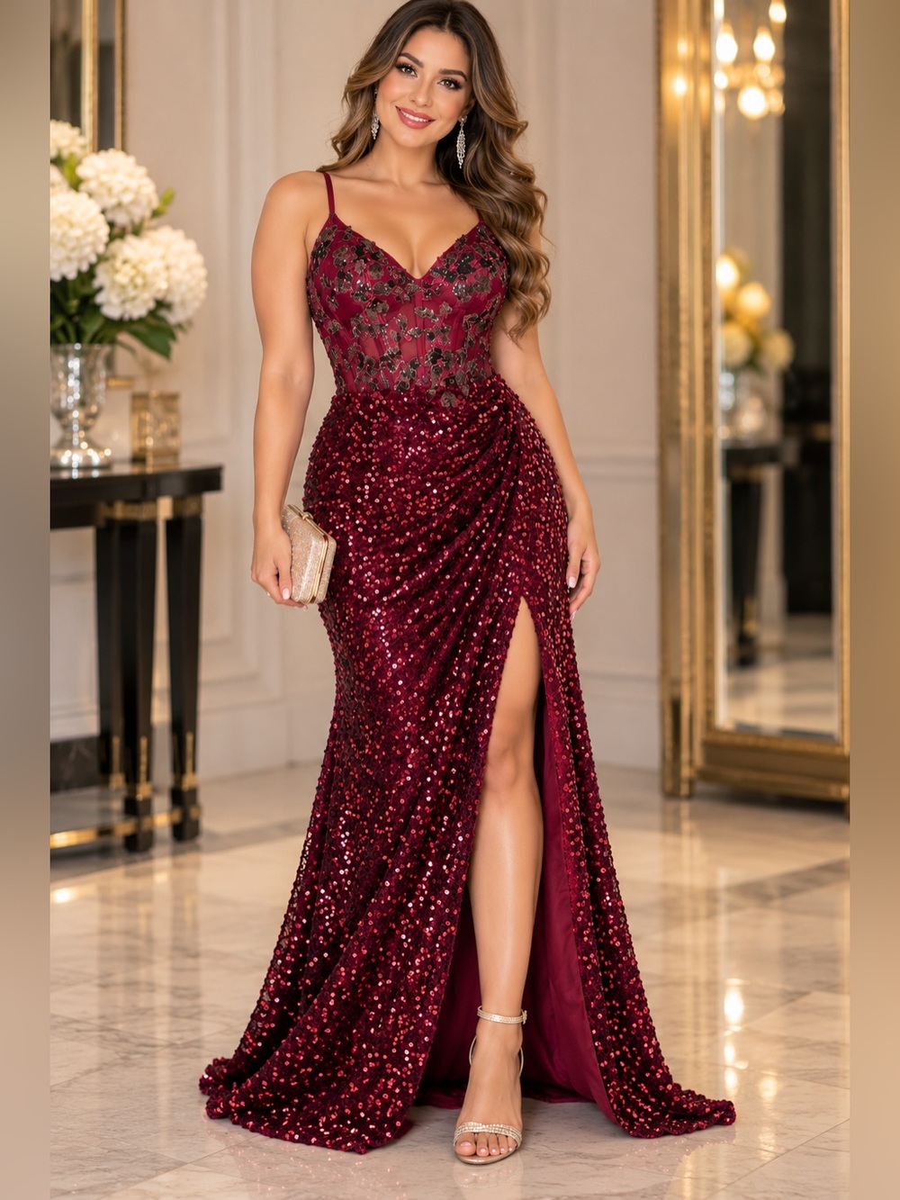 Burgundy Sequin Embellished Prom Gown with Sheer Bodice